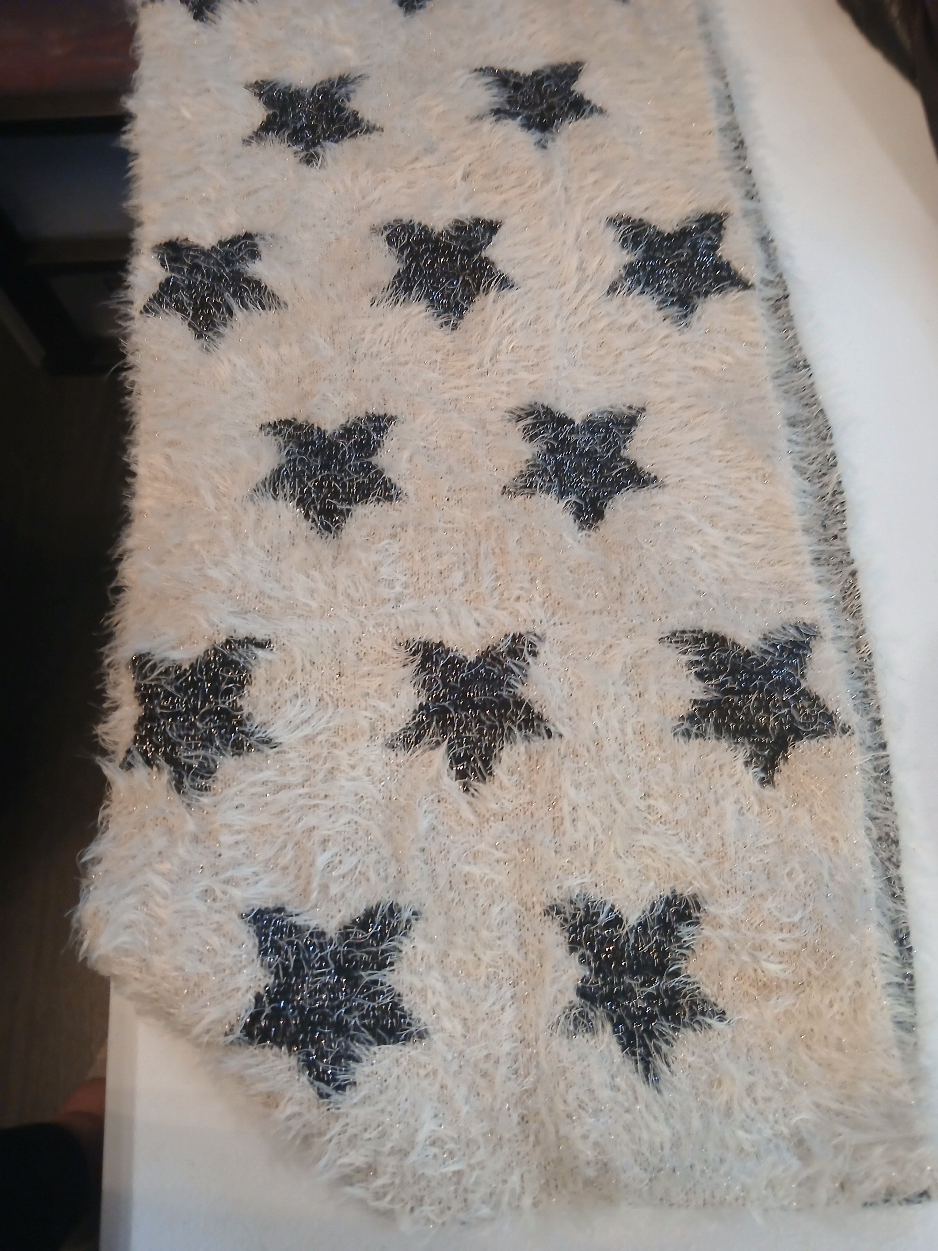 Cozy Shag Star Cowl Neck Scarf - Navy Stars On Cream-Cashmere Feel